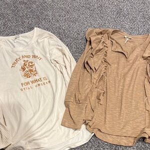 Women’s Cream Graphic Long Sleeve and Tan Ruffle Top X-Large